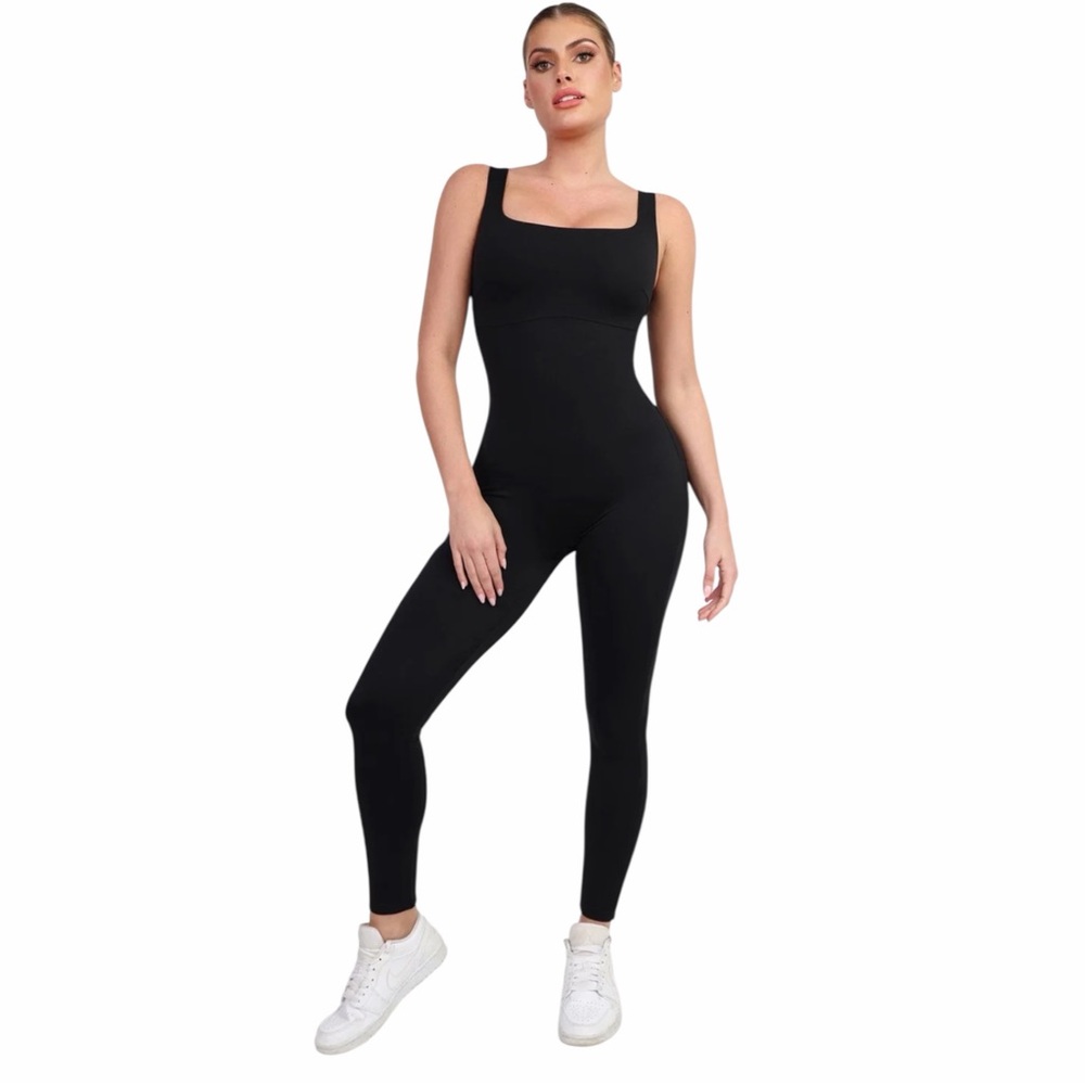 Popilush Shapewear Square Neck Thigh Slimming Workout Jumpsuit in Black Large